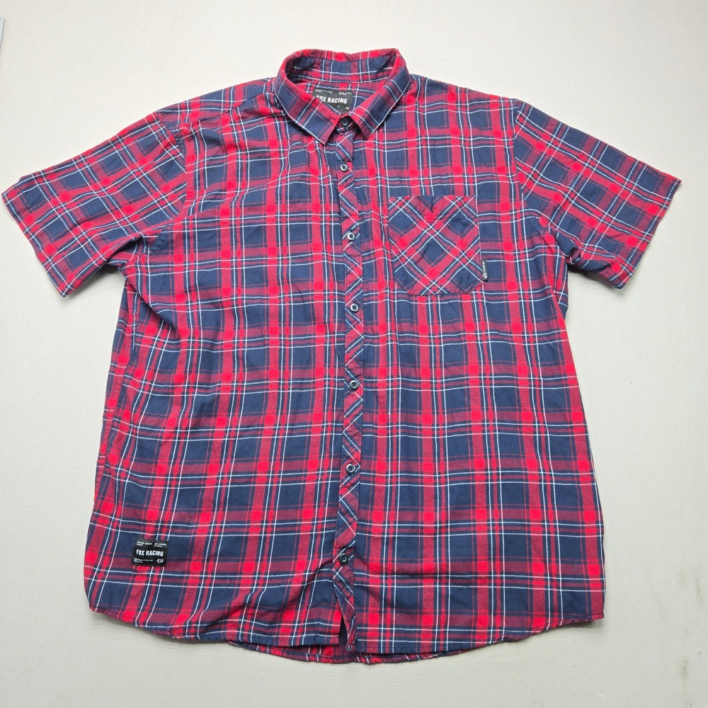 Fox Racing Button Up Shirt Plaid Short Sleeve Red Navy Blue Mens Size XXL